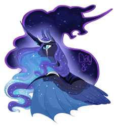 Size: 500x550 | Tagged: safe, artist:creeate97, princess luna, tantabus, alicorn, pony, do princesses dream of magic sheep, bat wings, bust, crying, curved horn, duo, ethereal mane, female, hybrid wings, mare, redesign, simple background, starry mane, starry wings, teary eyes, transparent background