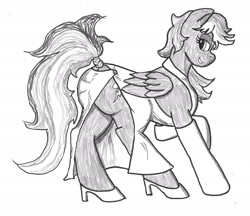 Size: 2657x2293 | Tagged: safe, artist:bigmacintosh2000, derpibooru import, rainbow dash, pegasus, pony, alternate hairstyle, clothes, dress, grayscale, high heels, ink, monochrome, plot, side slit, solo, stockings, tail wrap, traditional art