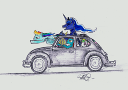 Size: 4819x3397 | Tagged: safe, artist:radiatingcalm, derpibooru import, fluttershy, princess celestia, princess luna, rainbow dash, oc, oc:radiating calm, alicorn, insect, pegasus, pony, bipedal, car, drawing, driving, enjoying, hiding, racing, stuffed, traditional art, volkswagen beetle