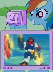 Size: 512x700 | Tagged: safe, rainbow dash, pegasus, pony, blue coat, combattler v, exploitable meme, female, mare, multicolored mane, solo, tv meme