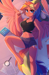 Size: 1752x2686 | Tagged: safe, alternate version, artist:fensu-san, oc, oc only, oc:spectrum dash, alicorn, anthro, digitigrade anthro, alicorn oc, angled leg, anthro oc, bed, book, breasts, clothes, digital art, explicit source, feather, female, lidded eyes, looking at you, lying, lying down, magnifying glass, mare, on back, paper, paws, pen, ponytail, rainbow hair, sheet, shorts, smiling, solo, spread wings, table, wings