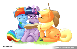 Size: 3800x2409 | Tagged: safe, artist:mrw32, derpibooru import, applejack, rainbow dash, twilight sparkle, earth pony, pegasus, pony, appledashlight, blushing, female, kissing, lesbian, ot3, polyamory, shipping, twidash, twijack