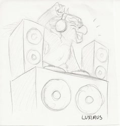 Size: 1105x1168 | Tagged: safe, artist:luximus17, oc, oc only, oc:turntable, classical hippogriff, hippogriff, commission, eyes closed, feather, headbang, headphones, hippogriff oc, male, monochrome, record, signature, solo, speakers, traditional art, trotcon, trotcon 2018, turntable, wings