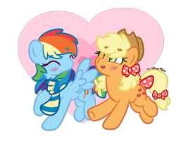 Size: 5000x4000 | Tagged: safe, artist:rarityforever, derpibooru import, applejack, rainbow dash, earth pony, pegasus, pony, appledash, blushing, bow, clothes, female, hair bow, lesbian, scarf, shipping, tail bow