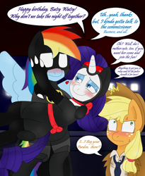 Size: 1700x2073 | Tagged: safe, artist:blackbewhite2k7, derpibooru import, applejack, rainbow dash, rarity, earth pony, pegasus, pony, unicorn, appledash, batman, blushing, catwoman, commissioner gordon, crossover, female, lesbian, ot3, parody, raridash, rarijack, rarijackdash, shipping