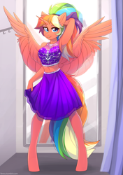 Size: 2107x2994 | Tagged: safe, artist:fensu-san, oc, oc:spectrum dash, alicorn, anthro, unguligrade anthro, alicorn oc, arm behind head, armpits, belly button, changing room, clothes, female, mare, midriff, ponytail, rainbow hair, skirt, smiling, solo