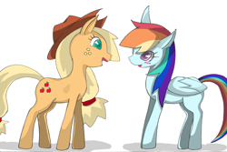 Size: 900x601 | Tagged: safe, artist:8->, derpibooru import, applejack, rainbow dash, earth pony, pegasus, pony, pixiv