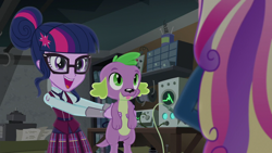 Size: 1280x720 | Tagged: safe, edit, edited screencap, editor:slayerbvc, screencap, dean cadance, princess cadance, sci-twi, spike, spike the regular dog, twilight sparkle, dog, equestria girls, friendship games, :p, accessory-less edit, female, holding, missing accessory, silly, tongue out