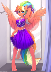 Size: 2107x2994 | Tagged: safe, alternate version, artist:fensu-san, oc, oc only, oc:spectrum dash, alicorn, anthro, digitigrade anthro, alicorn oc, arm behind head, armpits, belly button, changing room, clothes, female, mare, midriff, paws, rainbow hair, skirt, smiling, solo