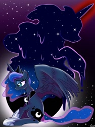 Size: 768x1024 | Tagged: safe, artist:sue, princess luna, tantabus, alicorn, pony, behind you, crown, female, jewelry, mare, regalia