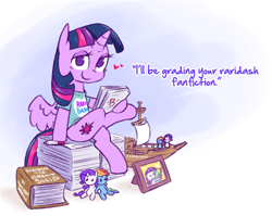 Size: 831x663 | Tagged: safe, artist:raridashdoodles, rainbow dash, rarity, twilight sparkle, twilight sparkle (alicorn), alicorn, pegasus, pony, unicorn, the end in friend, book, bottomless, clothes, dialogue, fanfic, female, gradient background, heart, lesbian, literal shipping, mare, model ship, partial nudity, picture frame, plushie, raridash, shiplight sparkle, shipper on deck, shipping, sitting, solo