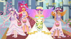 Size: 5119x2842 | Tagged: safe, artist:erim-kawamori, apple bloom, princess cadance, scootaloo, sweetie belle, human, a canterlot wedding, bouquet, bridesmaid dress, clothes, cutie mark crusaders, dress, flower girl, flower girl dress, humanized, winged humanization, wings