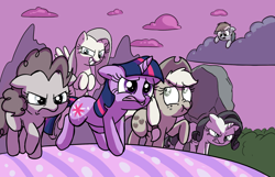 Size: 1100x707 | Tagged: safe, artist:mickeymonster, derpibooru import, applejack, fluttershy, pinkie pie, rainbow dash, rarity, tom, twilight sparkle, unicorn twilight, earth pony, pegasus, pony, unicorn, the return of harmony, alex warlorn, angry pie, chaos, cloud, cloudy, discorded, discorded landscape, fanfic, fanfic art, female, fluttercruel, greedity, liar face, liarjack, mare, meanie pie, pony pov series, purple sky, reharmonized ponies, traitor dash