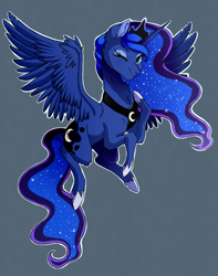 Size: 829x1050 | Tagged: safe, artist:hikariviny, princess luna, alicorn, pony, blushing, female, flying, gray background, horn, looking at you, mare, one eye closed, princess, simple background, smiling, solo, wings, wink