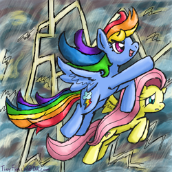 Size: 600x600 | Tagged: safe, artist:tinyfinch, fluttershy, rainbow dash, pegasus, pony, flying, lightning