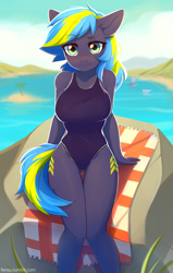 Size: 1273x2002 | Tagged: safe, artist:fensu-san, oc, oc only, oc:ultra marine, anthro, earth pony, anthro oc, beach, both cutie marks, clothes, female, looking at you, mare, one-piece swimsuit, sitting, solo, swimsuit, thigh gap, underass