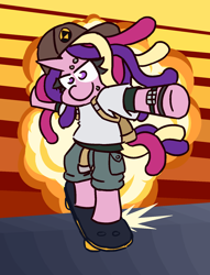 Size: 1300x1700 | Tagged: safe, artist:threetwotwo32232, princess cadance, alicorn, pony, semi-anthro, atg 2018, clothes, dreadlocks, explosion, female, grinding, mare, newbie artist training grounds, parody, skateboard, solo, two best friends play, two best sisters play, wooldance, woolie