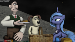 Size: 3840x2160 | Tagged: safe, artist:goatcanon, princess luna, alicorn, pony, 3d, a grand day out, cheese, crossover, food, gromit, luna and the nauts, moon, s1 luna, source filmmaker, wallace, wallace and gromit