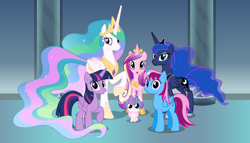 Size: 11200x6400 | Tagged: safe, artist:parclytaxel, princess cadance, princess celestia, princess flurry heart, princess luna, twilight sparkle, twilight sparkle (alicorn), oc, oc:parcly taxel, alicorn, pony, .svg available, :o, absurd resolution, alicorn hexarchy, alicorn oc, alicorn pentarchy, canterlot castle, female, foal, group shot, horn ring, looking at you, mare, open mouth, raised hoof, raised leg, smiling, vector