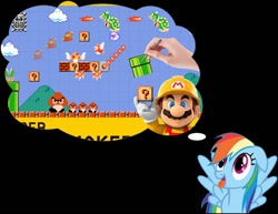 Size: 850x655 | Tagged: safe, derpibooru import, rainbow dash, pegasus, pony, boo (super mario), bowser, cheep-cheep, facial hair, female, goomba, mare, mario, moustache, piranha plant, solo, super mario bros., super mario maker, thought bubble, thwomp, tongue out