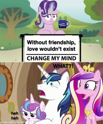 Size: 1000x1200 | Tagged: safe, artist:aleximusprime, edit, edited screencap, screencap, princess cadance, princess flurry heart, shining armor, starlight glimmer, alicorn, pony, unicorn, once upon a zeppelin, :i, bush, change my mind, chocolate, crown, cup, female, flower, food, funny, glowing horn, horn, hot chocolate, i mean i see, jewelry, levitation, magic, mare, mematic, meme, mug, multicolored mane, pink coat, reaction image, regalia, sign, signature, sitting, table, telekinesis, text, tree, varying degrees of what