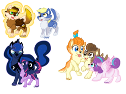 Size: 1024x768 | Tagged: safe, artist:usagi-zakura, derpy hooves, pound cake, princess flurry heart, princess luna, pumpkin cake, twilight sparkle, wolf, cake twins, chest fluff, chibi angel doctor, my little wolf, simple background, species swap, tongue out, white background