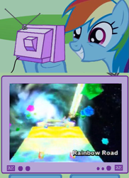 Size: 561x771 | Tagged: safe, rainbow dash, pegasus, pony, exploitable meme, item box, mario kart, mario kart wii, rainbow road, tv meme