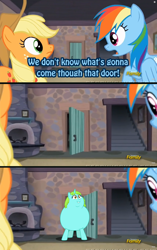 Size: 960x1528 | Tagged: safe, artist:xebck, derpibooru import, applejack, rainbow dash, whoa nelly, earth pony, pegasus, pony, the cutie map, exploitable meme, meme, that door