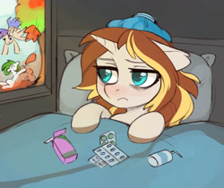 Size: 1280x1075 | Tagged: safe, artist:fensu-san, oc, oc only, oc:caroline sunshine, pony, unicorn, bed, blanket, cover, female, mare, pillow, pills, sick, solo