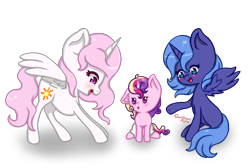 Size: 1100x740 | Tagged: safe, artist:gardianripu, princess cadance, princess celestia, princess luna, alicorn, pony, cewestia, cute, female, filly, gradient background, looking at each other, mare, pink-mane celestia, s1 luna, signature, spread wings, transparent background, wings, woona, younger