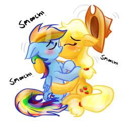 Size: 860x832 | Tagged: safe, artist:death-is-death, derpibooru import, applejack, rainbow dash, earth pony, pegasus, pony, appledash, female, kissing, lesbian, shipping