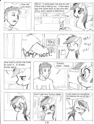 Size: 1142x1500 | Tagged: safe, artist:dj-black-n-white, rainbow dash, oc, oc:anon, human, pegasus, pony, comic:tsundere rainbow dash, comic, implied gilda, monochrome, plot, romance, traditional art, tsunderainbow, tsundere