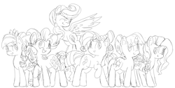 Size: 2601x1317 | Tagged: safe, artist:sunomii, derpibooru import, applejack, fluttershy, pinkie pie, rainbow dash, rarity, twilight sparkle, earth pony, pegasus, pony, unicorn, alternate hairstyle, crystallized, mane six, sketch