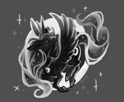 Size: 2145x1769 | Tagged: safe, artist:arclup, princess luna, alicorn, pony, crown, female, flying, grayscale, jewelry, mare, monochrome, moon, pixiv, regalia, solo