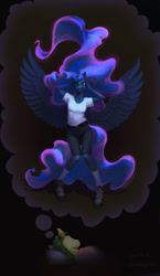 Size: 698x1200 | Tagged: safe, artist:cannibalus, artist:gor1ck, princess luna, oc, alicorn, anthro, unguligrade anthro, collaboration, bed, birthday gift, black background, clothes, dream, dream walker luna, female, gift art, holding head, mare, simple background, sleeping, spread wings, wings