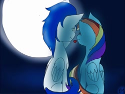 Size: 1024x765 | Tagged: safe, artist:foxstar085, derpibooru import, rainbow dash, soarin', pegasus, pony, female, heart, male, moon, night, shipping, soarindash, straight