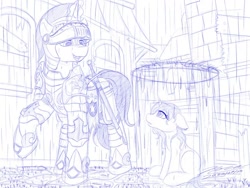 Size: 1024x768 | Tagged: safe, artist:novaintellus, shining armor, pony, unicorn, armor, atg 2020, city, female, filly, force field, knight, magic, male, monochrome, newbie artist training grounds, rain, royal guard, signature, smiling, stallion, sword, traditional art, unnamed character, unnamed pony, weapon