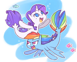 Size: 1012x822 | Tagged: safe, artist:raridashdoodles, rainbow dash, rarity, fish, seapony (g4), my little pony: the movie, female, lesbian, ocean, open mouth, raridash, seaponified, seapony rainbow dash, seapony rarity, shipping, species swap, water