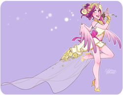 Size: 2500x1932 | Tagged: safe, artist:skirtzzz, princess cadance, human, clothes, crossover, dress, dressphere, final fantasy, final fantasy x-2, horn ring, horned humanization, humanized, microphone, midriff, pony coloring, solo, songstress, wedding dress, winged humanization, wings