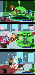 Size: 883x1869 | Tagged: safe, artist:droll3, princess cadance, queen chrysalis, shining armor, alicorn, changeling, changeling queen, earth pony, pegasus, pony, unicorn, attack, boss fight, comic, crossover, digital art, donald duck, evil grin, female, fire, glowing horn, goofy, grin, hat, horn, keyblade, kingdom hearts, laughing, magic, ponified, smiling, sora, text, wings