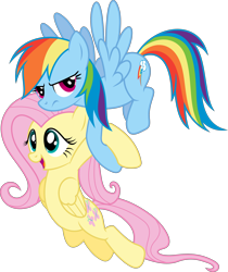 Size: 3338x3979 | Tagged: safe, artist:shutterflyyay, derpibooru import, fluttershy, rainbow dash, pegasus, pony, may the best pet win, carrying, cute, flying, happy, role reversal, shyabetes, simple background, transparent background, unamused, vector