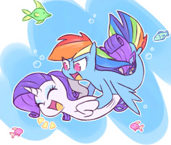 Size: 963x819 | Tagged: safe, artist:raridashdoodles, rainbow dash, rarity, fish, seapony (g4), my little pony: the movie, eyes closed, female, laughing, lesbian, ocean, open mouth, raridash, seaponified, seapony rainbow dash, seapony rarity, shipping, species swap, tickling, water