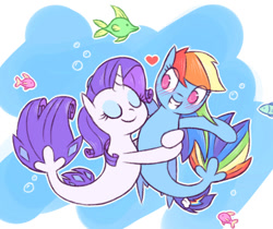 Size: 992x833 | Tagged: safe, artist:raridashdoodles, rainbow dash, rarity, fish, seapony (g4), my little pony: the movie, blushing, eyes closed, female, heart, hug, lesbian, ocean, raridash, seaponified, seapony rainbow dash, seapony rarity, shipping, smiling, species swap, water