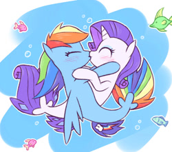 Size: 963x852 | Tagged: safe, artist:raridashdoodles, rainbow dash, rarity, fish, seapony (g4), my little pony: the movie, blushing, eyes closed, female, kissing, lesbian, ocean, raridash, seaponified, seapony rainbow dash, seapony rarity, shipping, species swap, water