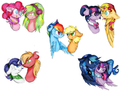 Size: 1032x774 | Tagged: safe, artist:thepegasisterpony, applejack, big macintosh, lemon zest, pinkie pie, princess luna, rainbow dash, rarity, sci-twi, sunset shimmer, twilight sparkle, twilight sparkle (alicorn), alicorn, pony, alicornified, appledash, bandana, bust, equestria girls ponified, female, headphones, lemonpie, lesbian, male, neckerchief, ponified, race swap, rarimac, scitwishimmer, shimmercorn, shipping, simple background, straight, sunsetsparkle, transparent background, twiluna