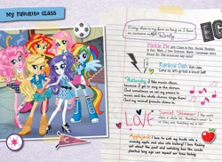 Size: 1925x1400 | Tagged: safe, derpibooru import, applejack, fluttershy, pinkie pie, rainbow dash, rarity, sunset shimmer, canterlot high tell-all, equestria girls, rainbow rocks, book, handwriting, journal, merchandise, ponied up, preview