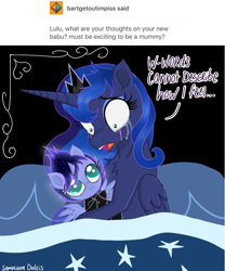 Size: 2067x2480 | Tagged: safe, artist:darkest-lunar-flower, princess luna, tantabus, oc, oc:somnium dulcis, alicorn, pony, blushing, female, magical parthenogenic spawn, maternaluna, mother and child, mother and daughter, offspring, parent and child, parent:princess luna, pillow, stars