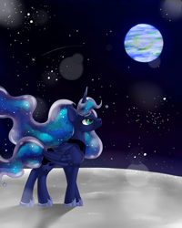 Size: 400x500 | Tagged: safe, artist:mlpdarksparx, princess luna, alicorn, pony, banishment, earth, female, mare, moon, solo, stars