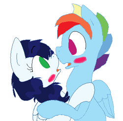 Size: 372x368 | Tagged: safe, artist:rasowiec, glide, rainbow blitz, rainbow dash, soarin', pegasus, pony, female, glideblitz, male, rule 63, shipping, soarindash, straight