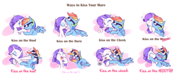 Size: 3496x1508 | Tagged: safe, artist:raridashdoodles, rainbow dash, rarity, pegasus, pony, unicorn, blushing, breath, comic, cross-popping veins, cute, dashabetes, eyes closed, female, glasses, heart, hoof kissing, horn, kiss on the cheek, kiss on the horn, kissing, lesbian, punch, raribetes, raridash, shipping, simple background, sparkles, spread wings, sunglasses, teasing, ways to kiss your mare, white background, wings